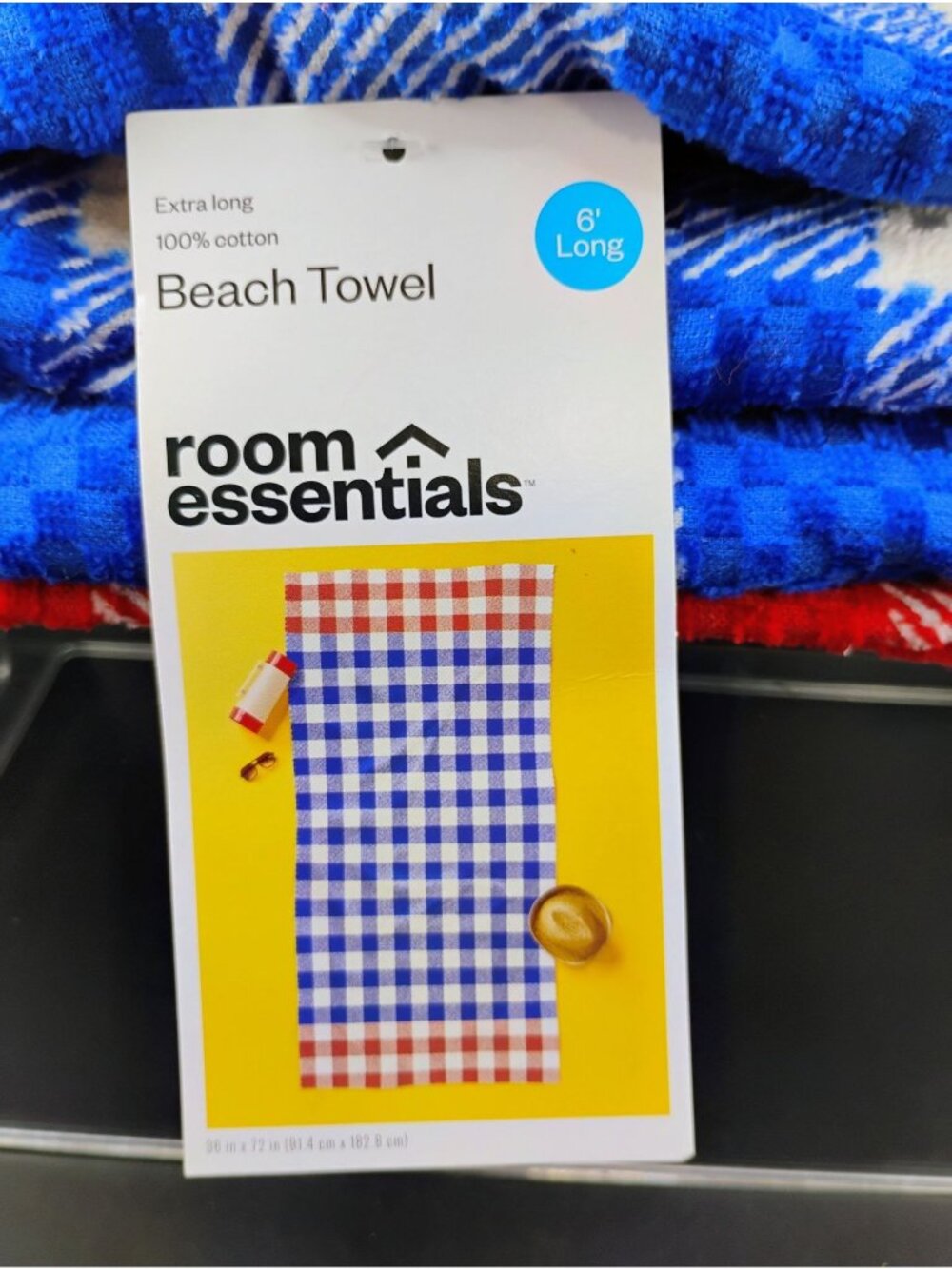 Room Essentials 6 Ft Extra Long Gingham Beach Towel Blue & Red